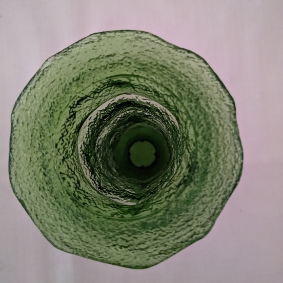 Green hand blown glass vase crackle finish ribbed 7" MCM - Picture 3 of 5